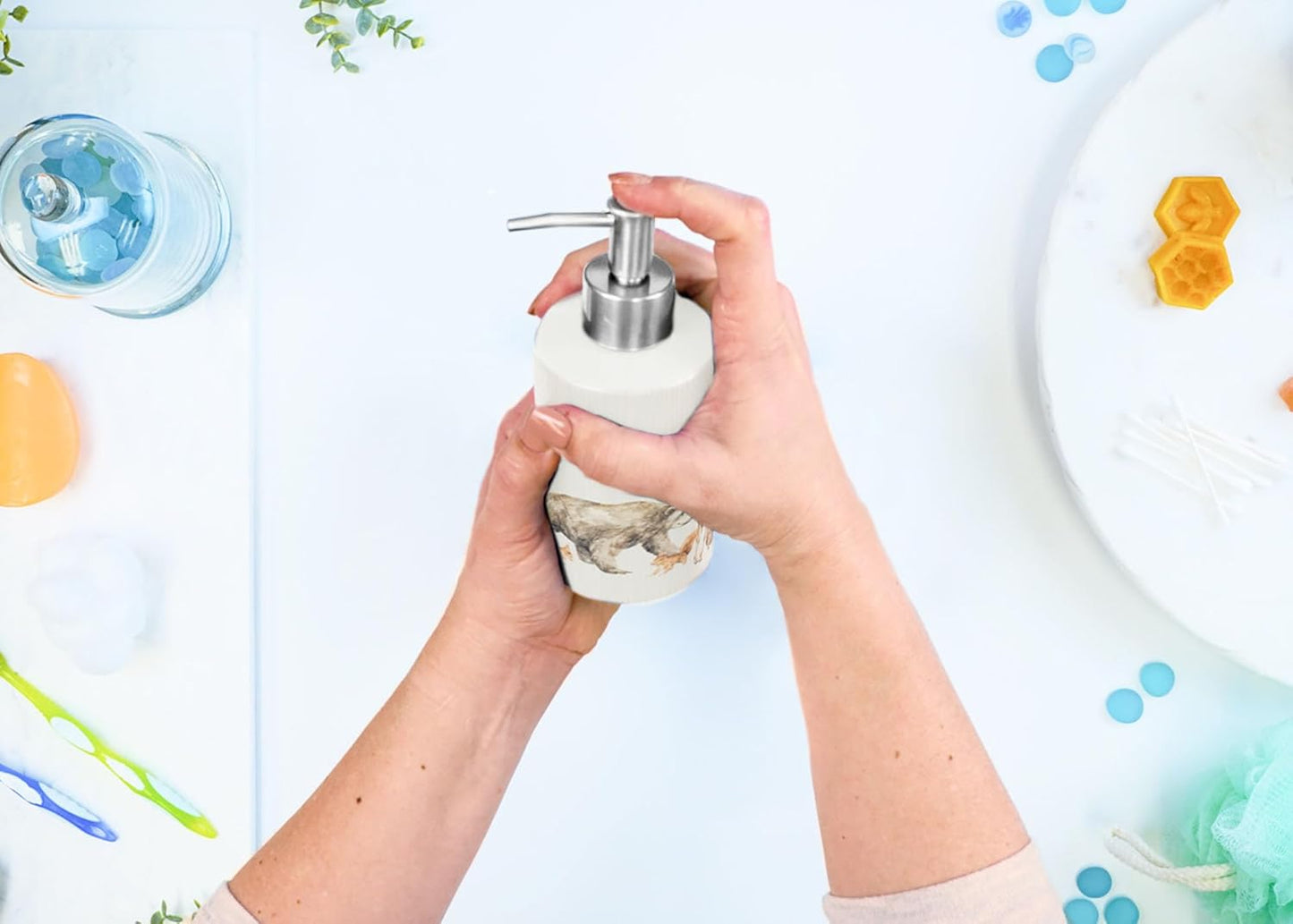 NAT & Jules Chic Modern Rounded 4.5 inch Ceramic Bathroom Accessories Set of 4 - Home Décor & Organization Perfect for Bath or Kitchen Household Essentials, Lodge Animals