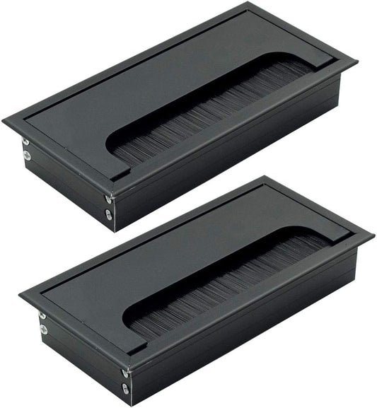 2PCS Desk Grommet Metal Rectangle Desk Cord Cable Hole Cover Grommet with Brush for Home Office Bank Computer Table (black)