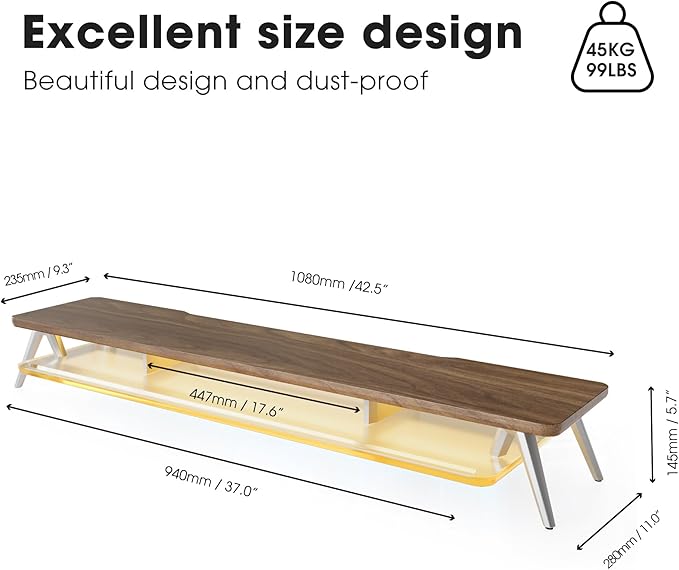 Fenge Dual Monitor Stand, 2 Tiers Acrylic Monitor Riser with LED Lights, 42.5 Inch Wood and Aluminum Desk Shelf with Phone and Tablet Holder