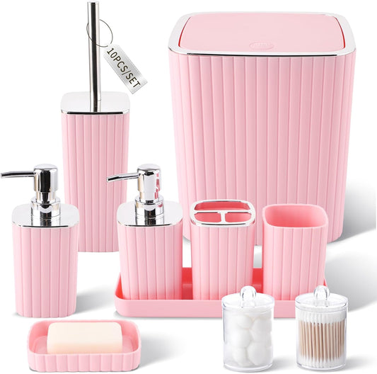 Pink Bathroom Accessories Set - Gorgeous Bathroom Set, 10PC Bathroom Accessory Set, Toilet Brush, Trash Can, Qtip Holder Dispenser & Soap Dispenser