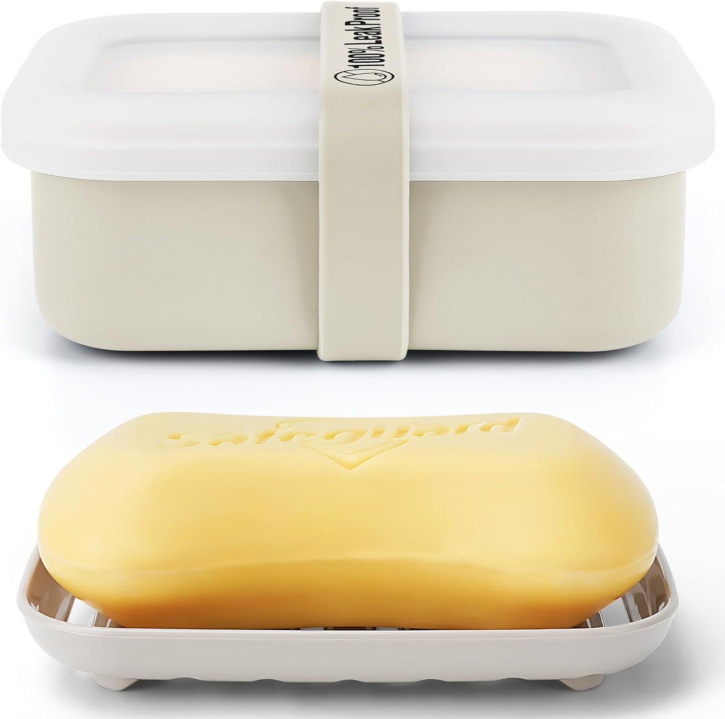 Compact Leakproof Travel Soap Case with Lid & Silicone Strap - Portable Draining Soap Bar Holder for Gym, Bathroom, Camping - Lightweight Silicone Soap Dish Container (Off-White)
