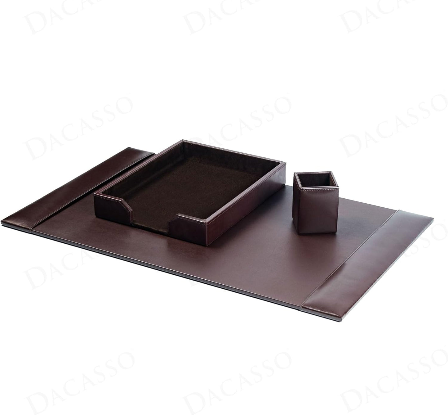 Dacasso Brown Bonded Leather Luxury 3 Piece Desk Set - Blotter Pad & Desk Organization Essentials - Executive Decor and Surface Protector