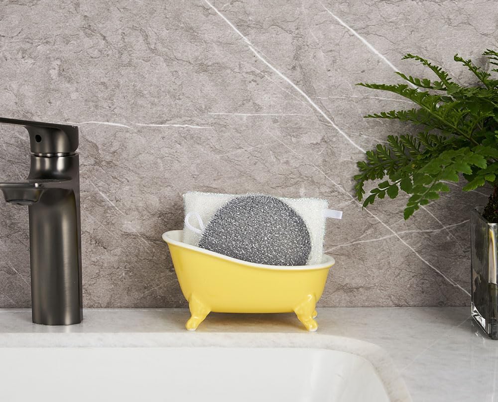 6.1" Vintage Ceramic Mini Decorative Clawfoot Bathtub Bar Soap Dish, Kitchen Sponge Holder and Shower Tray for Bathroom, 1 Pack (Yellow)