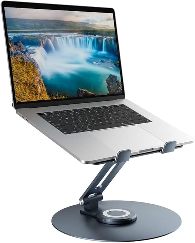 Swivel Laptop Stand for Desk, Adjustable Height Aluminum Computer Stand with 360 Rotating Base, Foldable Ergonomic Riser, Portable Laptop Holder Compatible with MacBook, All Laptops 10-17'', Grey