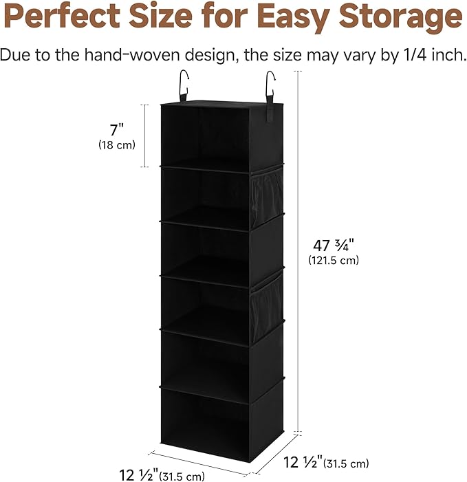 StorageWorks 6-Shelf Hanging Closet Organizers, Foldable Closet Storage Organizer with 2 Side Pockets, Portable Hanging Shelves for Wardrobe, Kid's Rooms, Dorms, RVs, 12" D x 12" W x 47 1⁄2" H, Black