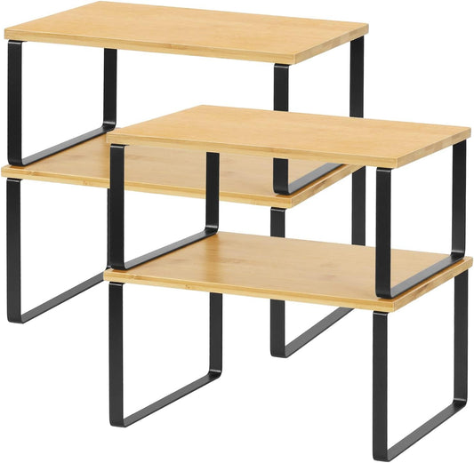 NEX Kitchen Cabinet and Counter Shelf Organizer, Stackable & Expandable, Set of 4, Black and Natural