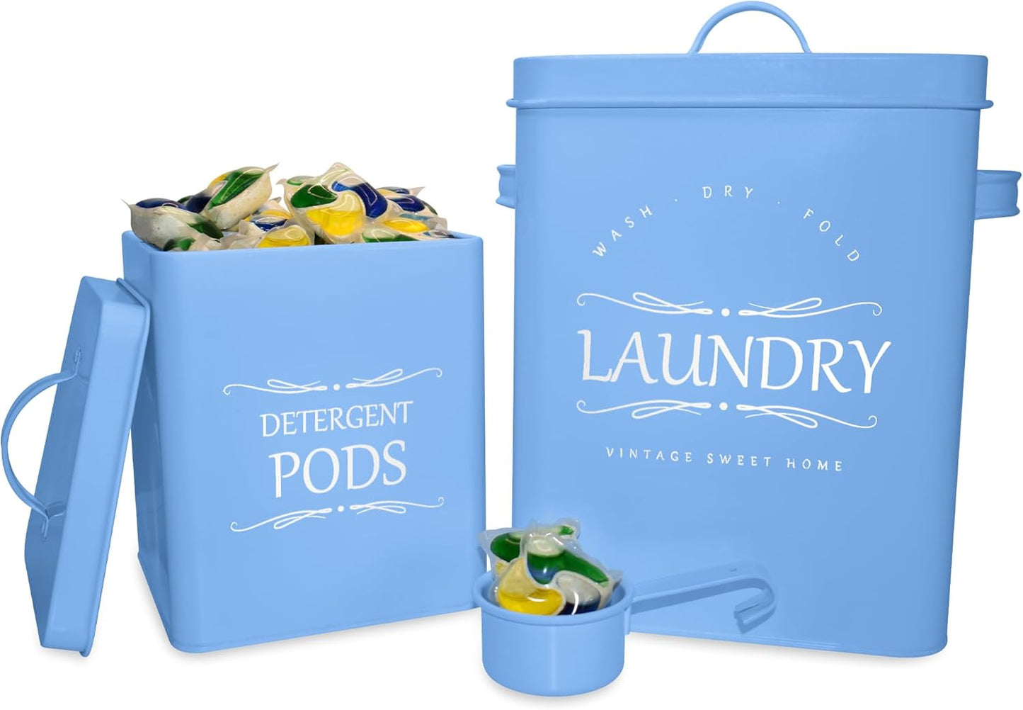 Meraki Home Laundry Detergent Container Set – 2-Pack Detergent Holder and Pods Container with Metal Scoop – Farmhouse Canisters for Laundry Room Organization and Storage - Matte Blue