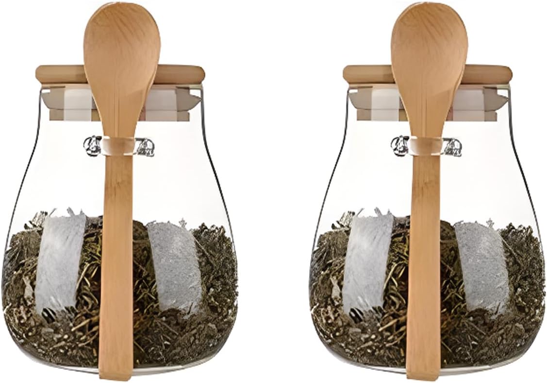 Airtight glass jar storage container with bamboo lid Set of 2, wide mouth, leak-proof, With a spoon, can be used for coffee beans, tea leaves, grains, dried fruits, etc (Small)
