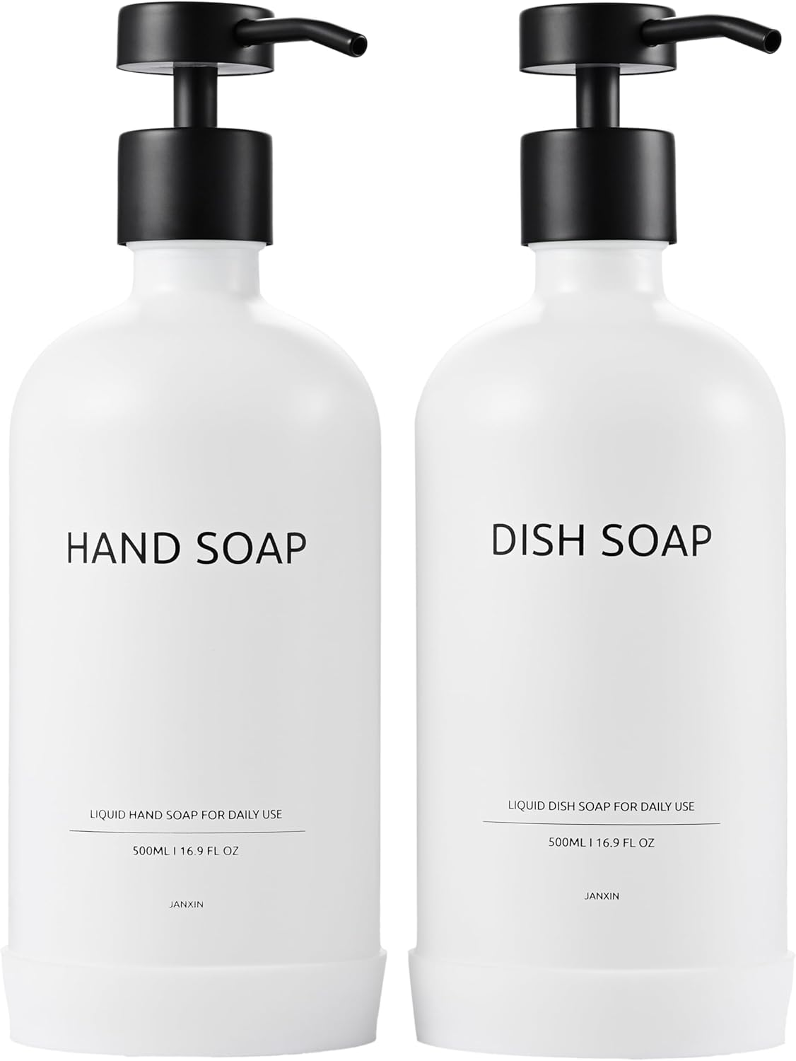 Soap Dispenser Set with Non-Slip Protective Silicone Pad, Hand Soap Dispenser for Bathroom and Kitchen Decor, White and Black Accessories (White Bottles + Black Pumps)