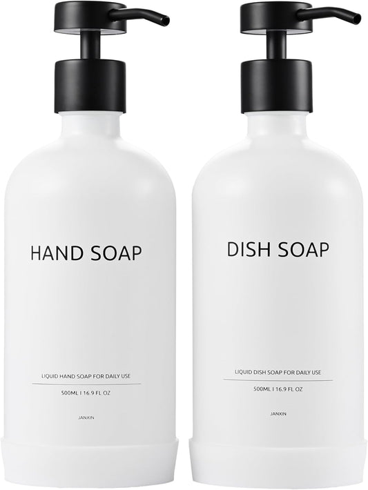 Soap Dispenser Set with Non-Slip Protective Silicone Pad, Hand Soap Dispenser for Bathroom and Kitchen Decor, White and Black Accessories (White Bottles + Black Pumps)