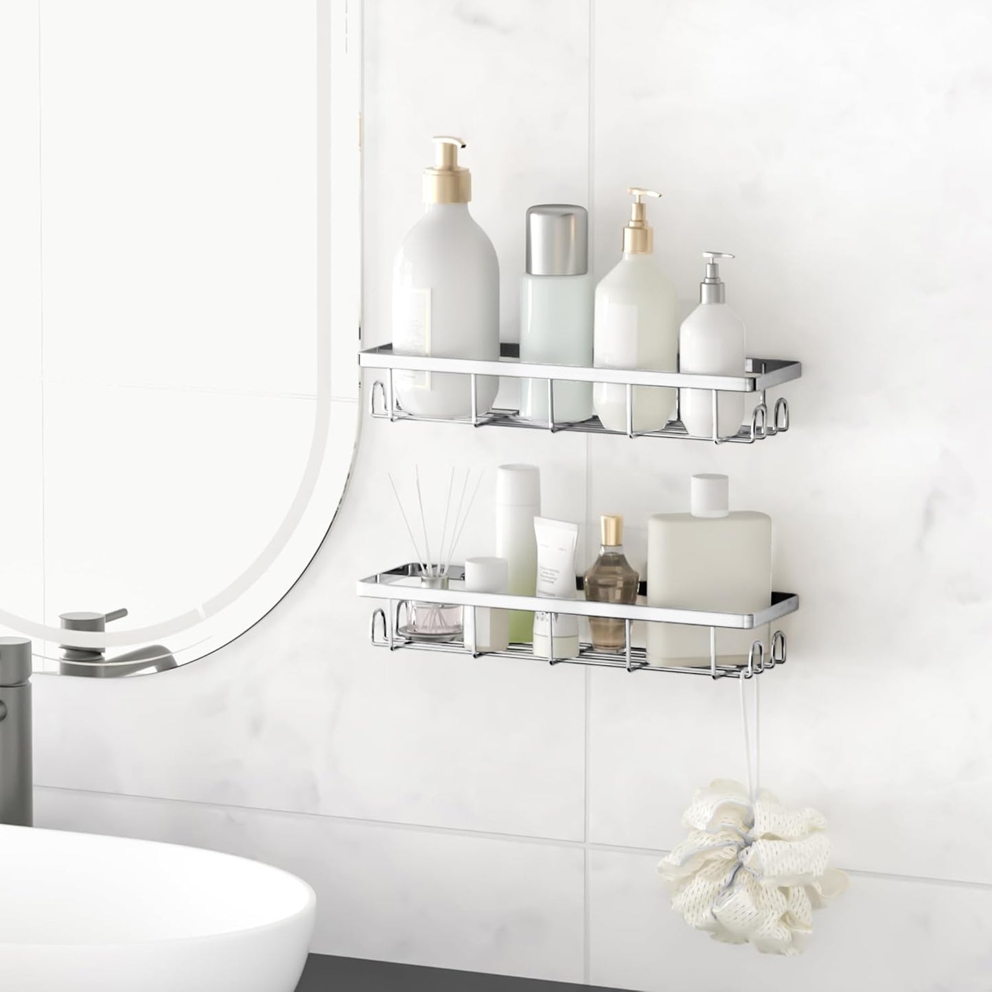 Shower Caddy Organizer with Hooks,Self Adhesive Bathroom Shelves,No Drilling Bathroom Organizers and Storage,Perfect for RV, Apartment, Home Decor,2 Pack Silvery