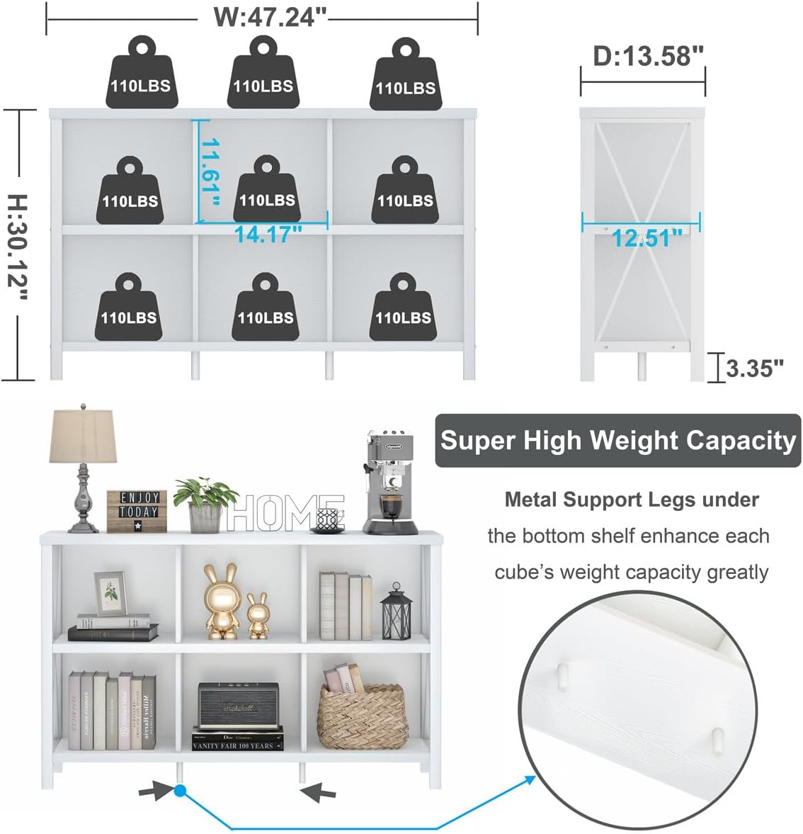 FATORRI 6 Cube Storage Organizer with Shelf, Long Wood and Metal Cubby Bookcase, Industrial Horizontal Bookshelf (White Oak, 47 Inch)