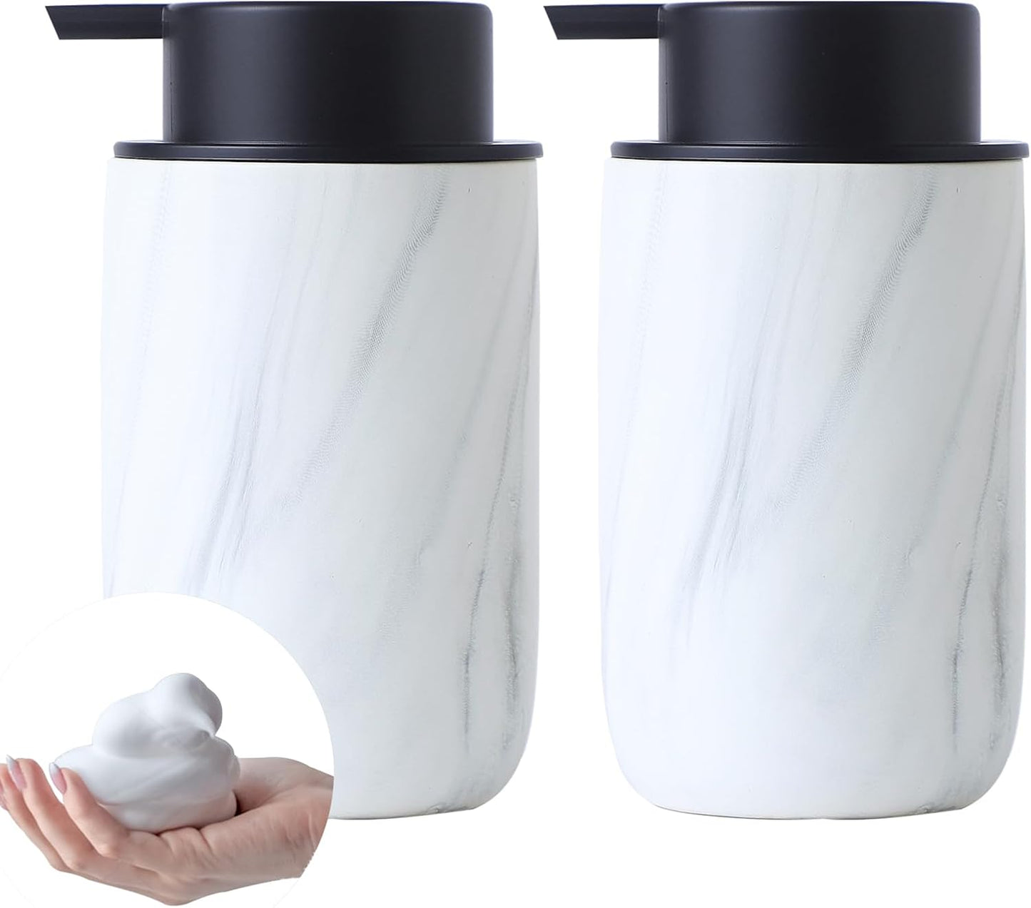 Marble Foaming Soap Dispenser Set - 2 Pack White Marble Ceramic Foam Dish Hand Soap Dispenser with Black Pump for Bathroom, Bathroom Dispenser Set for Modern Home Farmhouse Decor