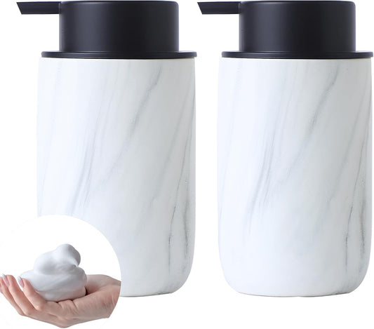 Marble Foaming Soap Dispenser Set - 2 Pack White Marble Ceramic Foam Dish Hand Soap Dispenser with Black Pump for Bathroom, Bathroom Dispenser Set for Modern Home Farmhouse Decor