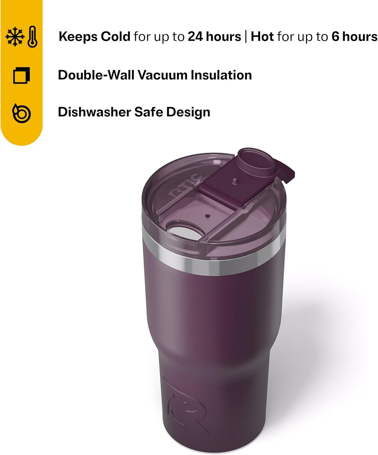 RTIC 20oz Essential Tumbler with Lid, Ceramic Lined, Insulated, Stainless Steel, Metal, Double Wall Vacuum-Insulation, Travel Cup for Iced Coffee, Tea, Hot and Cold Drink, Plum