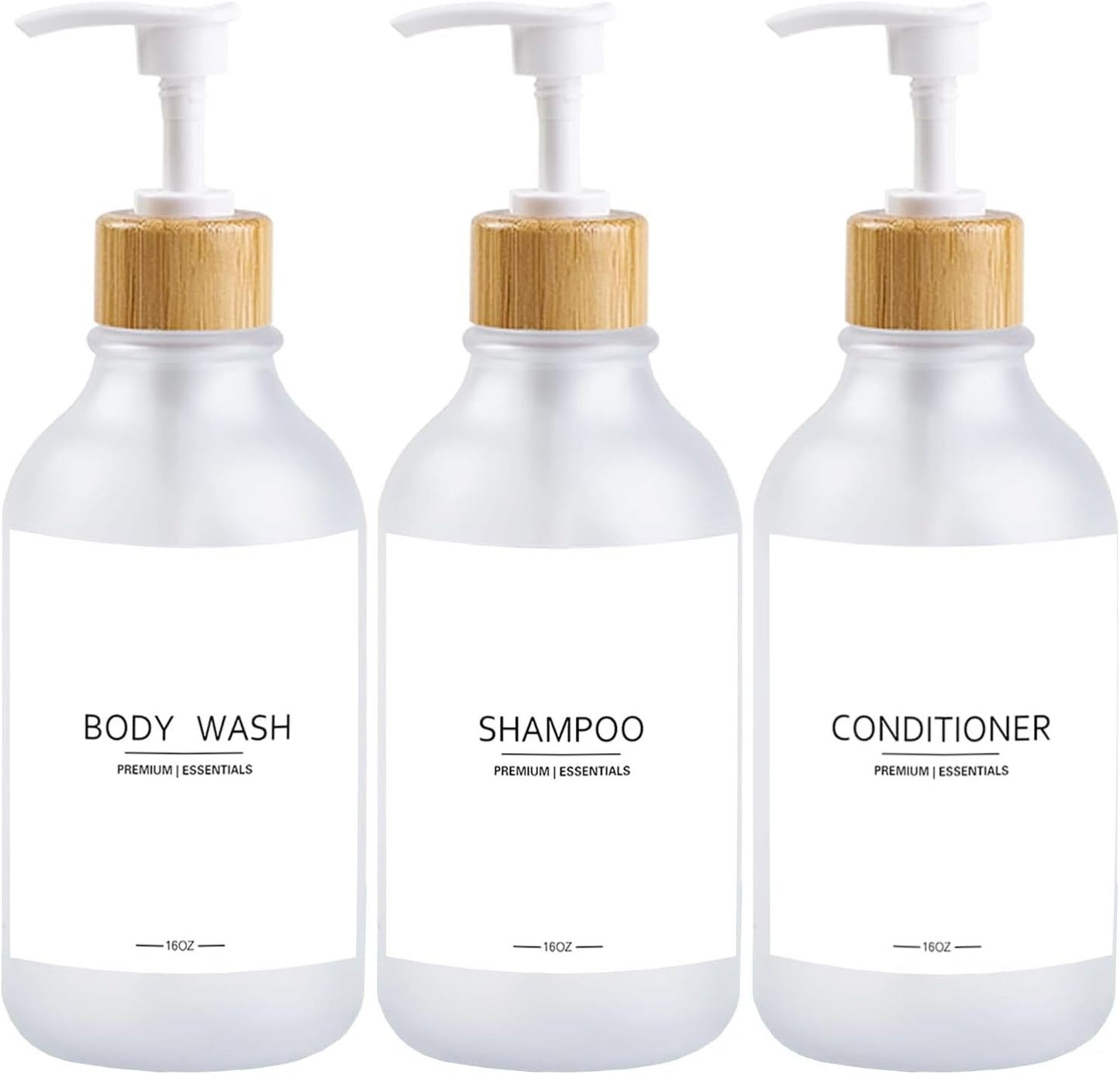 Frosted Plastic Shampoo and Conditioner Bottles, Apothecary Dispenser Bamboo Pump, Refillable Bottles for Shower Lotion, Oil, Hand Soap, Sanitizer, Liquid Soap, Set of 3 with 9 Labels (3, Matte Clear)