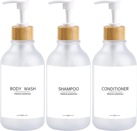 Frosted Plastic Shampoo and Conditioner Bottles, Apothecary Dispenser Bamboo Pump, Refillable Bottles for Shower Lotion, Oil, Hand Soap, Sanitizer, Liquid Soap, Set of 3 with 9 Labels (3, Matte Clear)