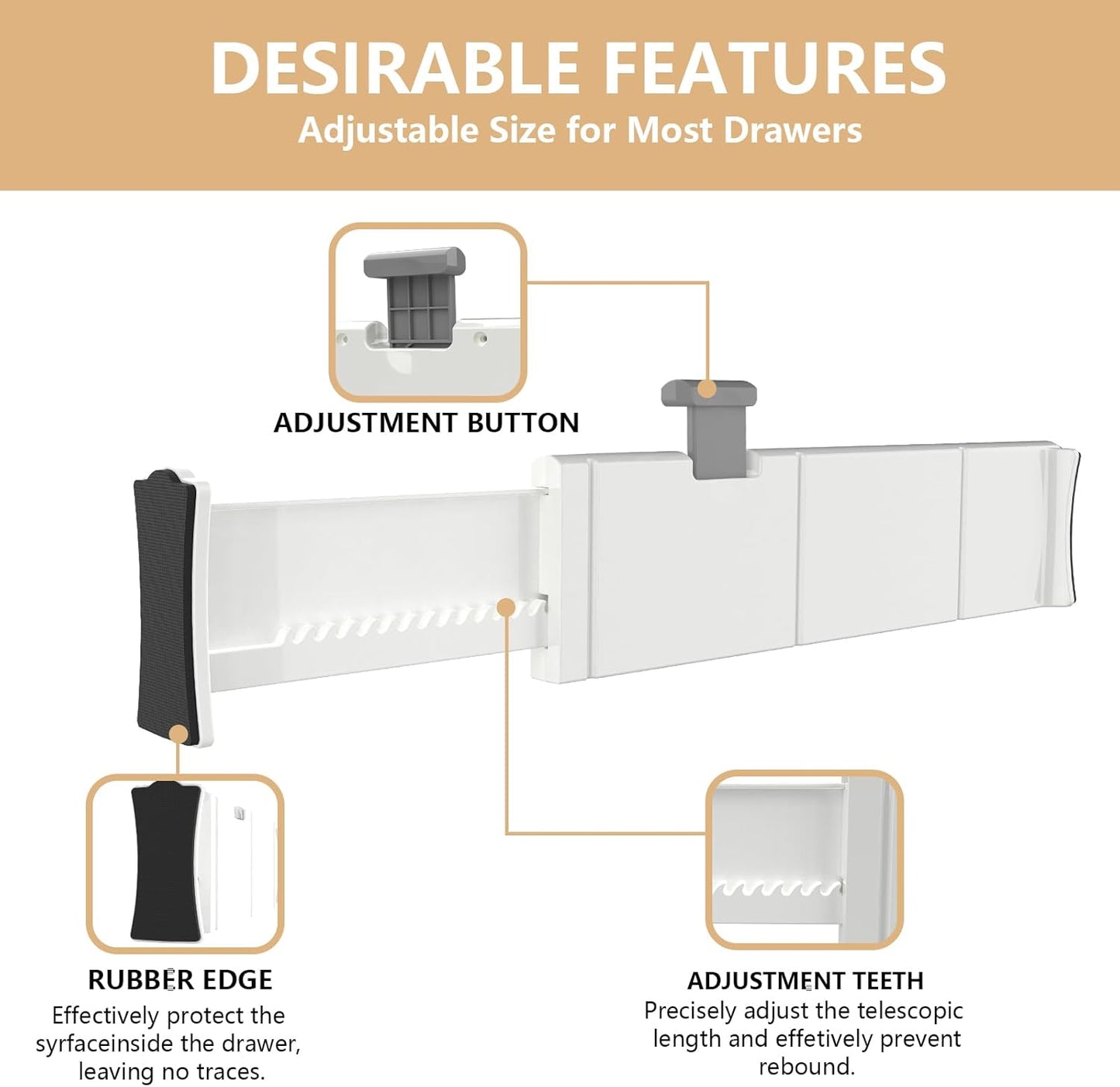 KABUM Adjustable Drawer Divider Organizer Clothes Dresser Organizer,Expandable Organization for Home, Office,2.8" High Expandable from 11.7" to 18.5",4 Dividers with 6 Short and 2 Long Inserts