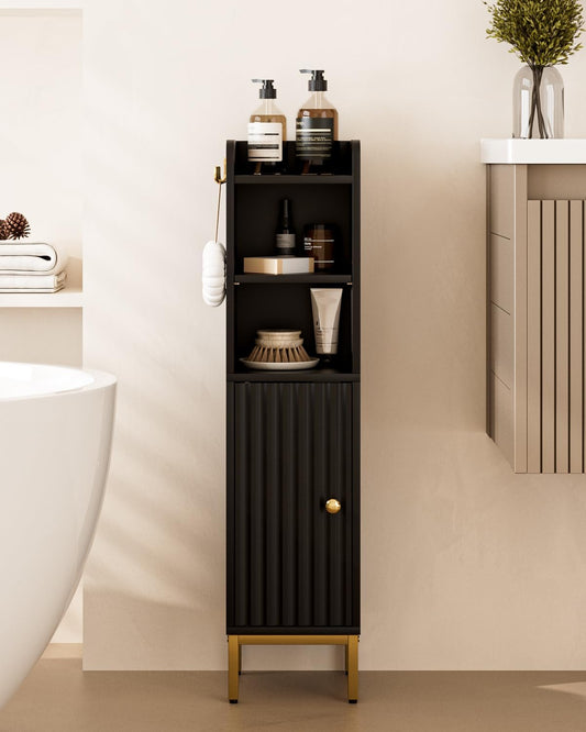 Bathroom Storage Cabinet, Small Corner Floor Hutch with Door and Shelves, Narrow Toilet Paper Cabinet, Bathroom Organizer with Adjustable Shelf, for Small Spaces (Modern-Wave, Black)