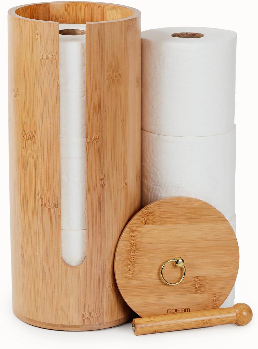 Gobam Bamboo Toilet Paper Storage with Dual-Use Lid, Freestanding Bathroom Tissue Organizer with Viewing Slot, Built-In Handle, Anti-Slip Base, Compact Toilet Paper Holder Stand for up to 3 Mega Rolls