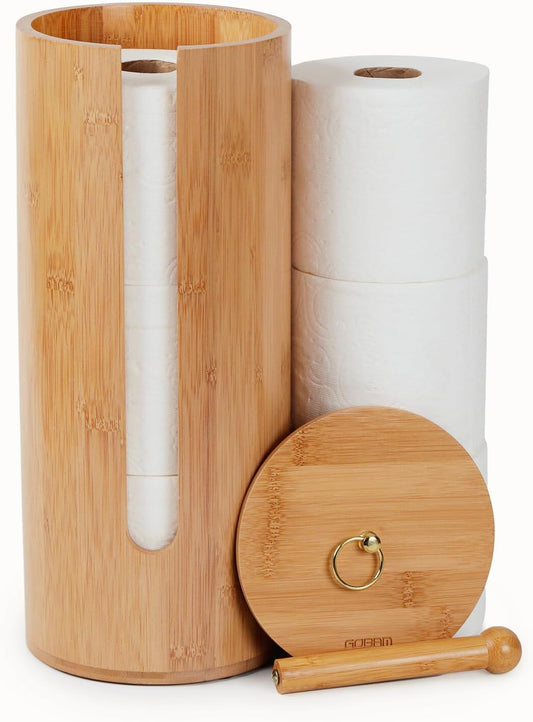 Gobam Bamboo Toilet Paper Storage with Dual-Use Lid, Freestanding Bathroom Tissue Organizer with Viewing Slot, Built-In Handle, Anti-Slip Base, Compact Toilet Paper Holder Stand for up to 3 Mega Rolls