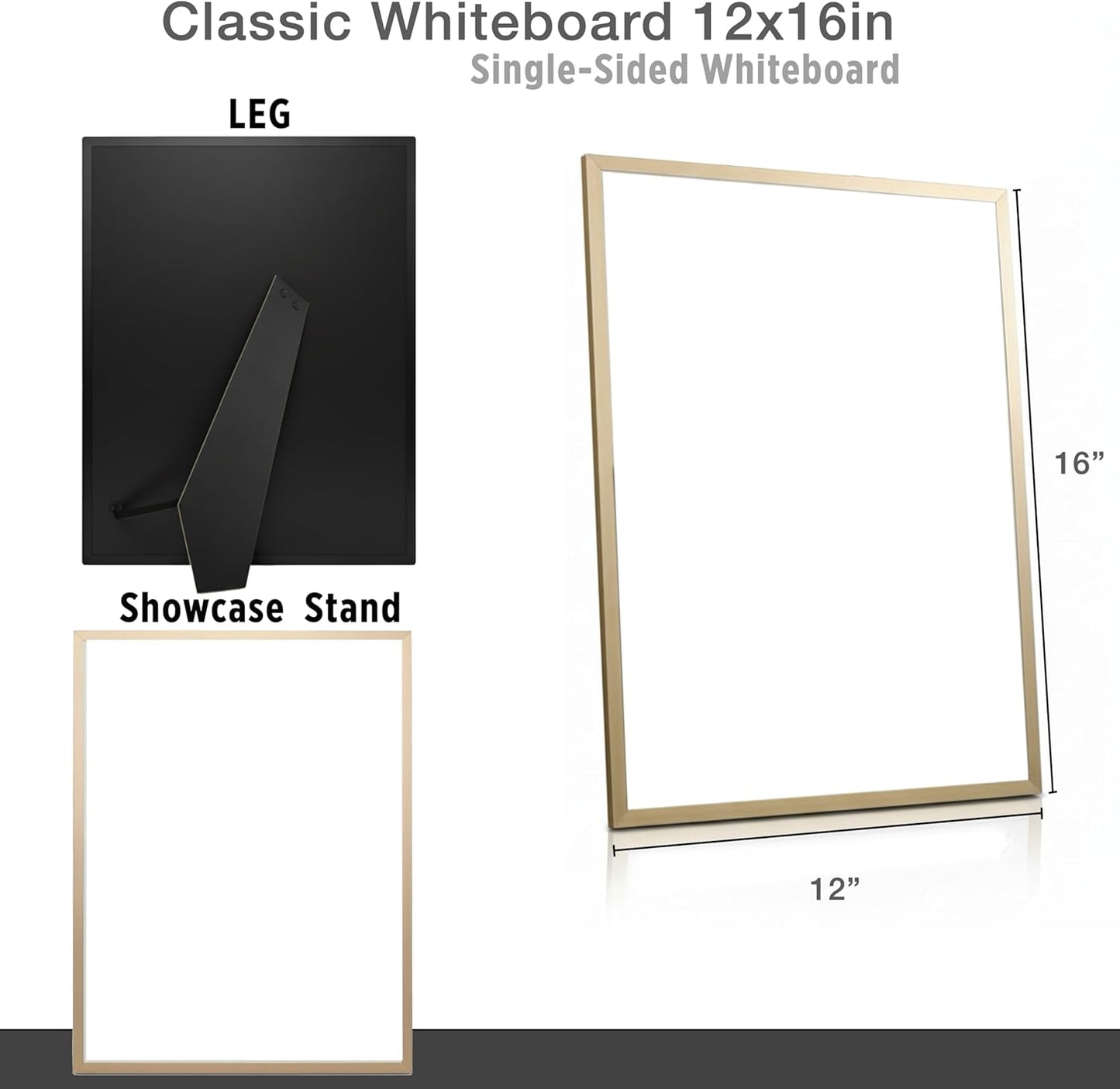 Small Whiteboard 12 x 16 Inch Magnetic Dry Erase Board with Stand & Wall Mount | Gold Aluminum Frame | Desktop Board for Home, Office, Reception, Events | 2 Markers, Eraser & 2 Magnets
