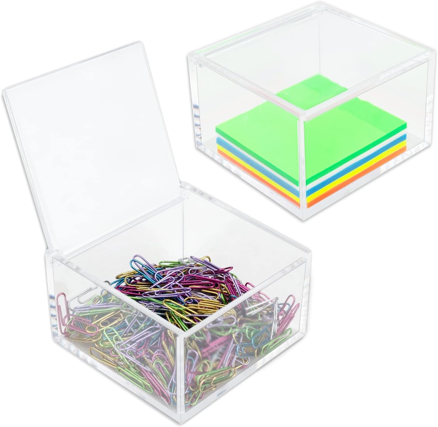 2 Pack Clear Acrylic Organizer with Lid for Paper Clips,Sticky Note,Qtip,Cotton Balls,Hair Ties Holder Acrylic Box for Home Office Bathroom Desk Organizer