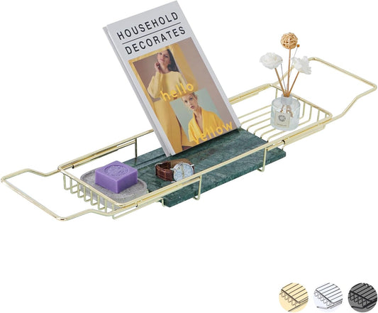 Bathtub Tray Caddy for Luxury Bath Expandable Extra Wide Bath Tub Tray with Natural Marble Tray and Mobile/Tablet Stand, Ideal for Home Spa Lovers(Gold + India Green)