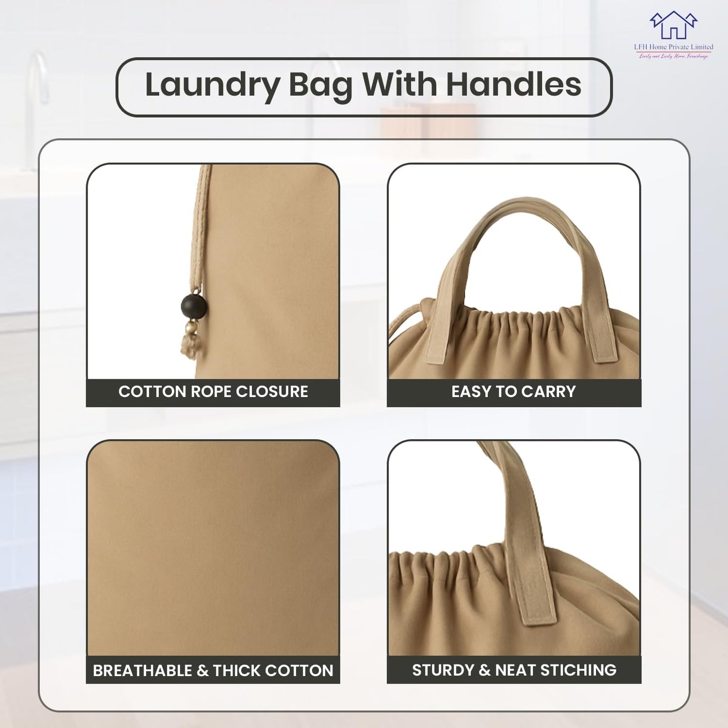 LFH Home Cotton Canvas Large Laundry Bag with Handle, Heavy Duty Drawstring Closure Washable Laundry Bags, School Travel, Home, Hotel, College Dorm, Organizer Sack, Toys 20x30-Beige Thanks Giving