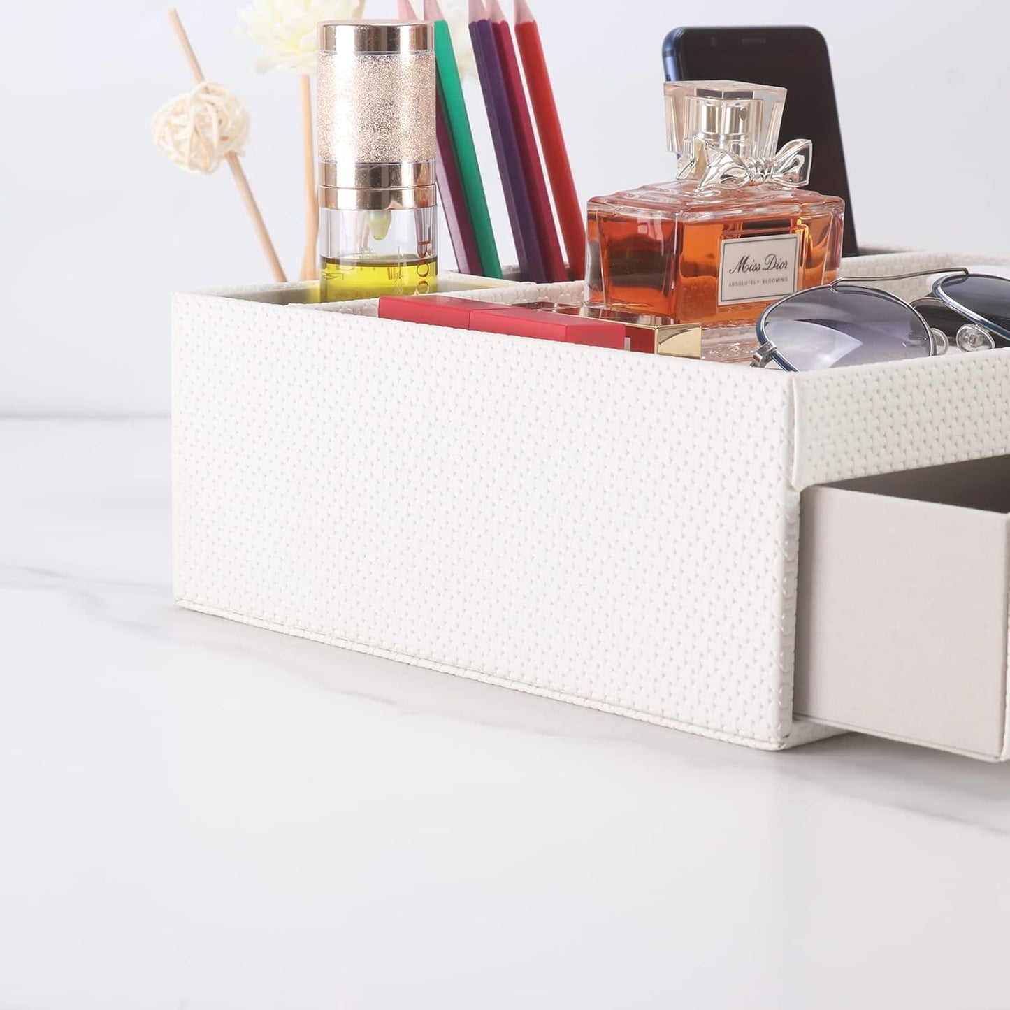 Leather Desk Organizer With Drawers, Home Cosmetics & Phone Remote Organizer, Drawer Plus Divider & Tray (white)