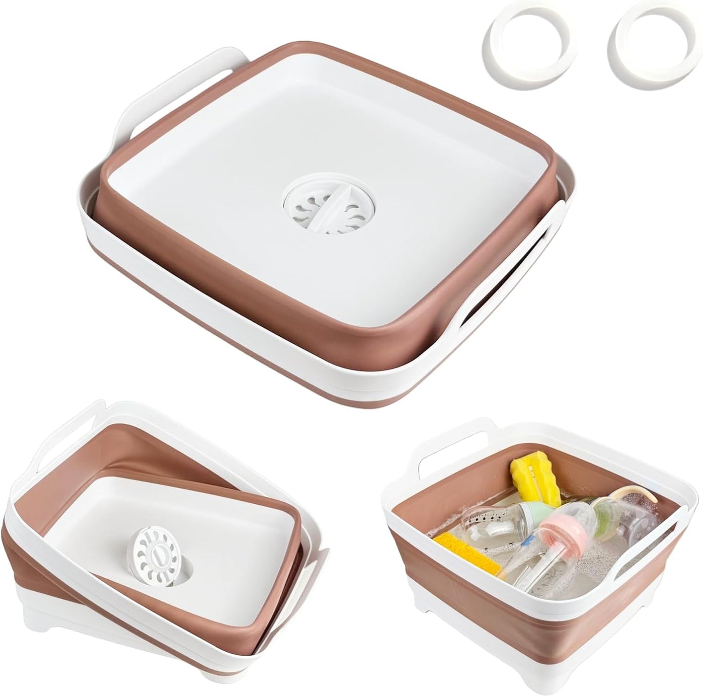 Collapsible Wash Basin for Baby Bottles - 2.4 Gallons Portable Wash Bin for RV Camping Sink, Space-Saving Dish Tub (Mocha)