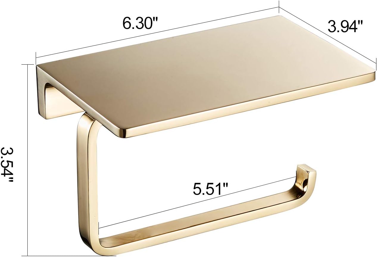 Toilet Paper Holder for Bathroom Solid Brass and Superior Hotel Style Tissue Roll Holder with Cell Phone Storage Gold Finish