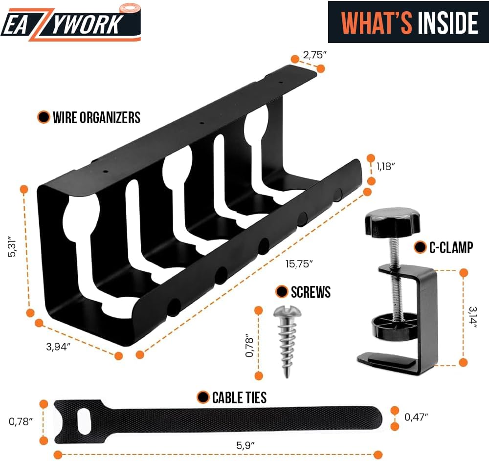 2Pcs 15.75 Inch Super Sturdy Gaming Cable Management Standing Desk wire organizer Large cord basket Under desk rack Mount With Clamps & Screws power strip holder chord organization j channel No Damage