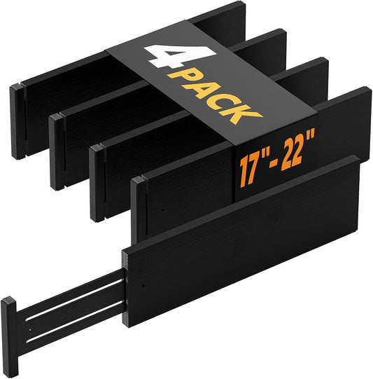 SpaceAid Bamboo 4 Pack Dresser Drawer Dividers, 4.65“ High Adjustable 17“-22” Drawer Organizers, Expandable Organization for Clothing, Clothes, Dressers, Black