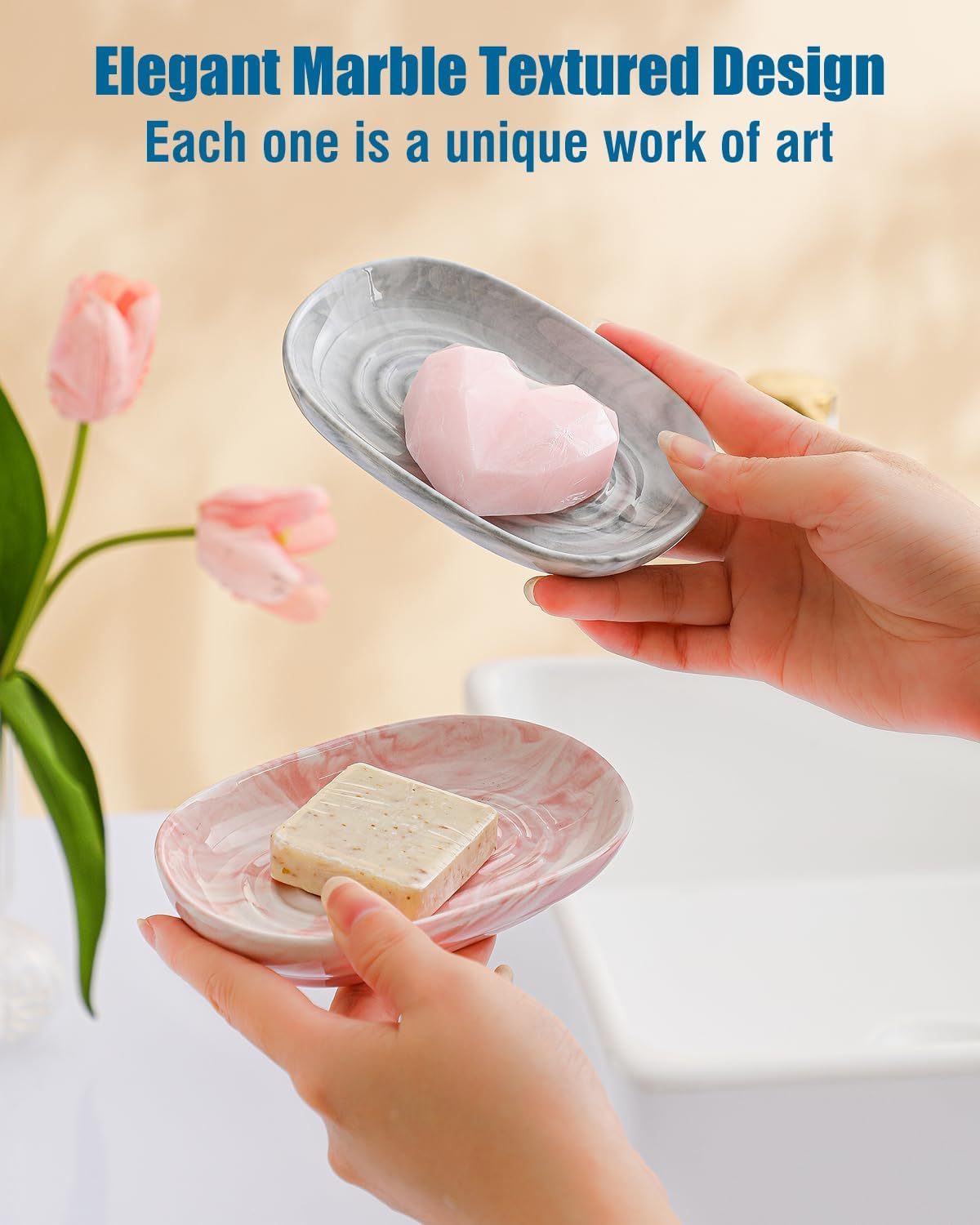 Handcrafted Fancy Ceramic Soap Dish, Decorative Soap Holder with Unique Marble Textures, Multi-Purpose Soap Bar Holder for Bathroom & Kitchen, Non-Slip & Waterproof (Gray Texture)