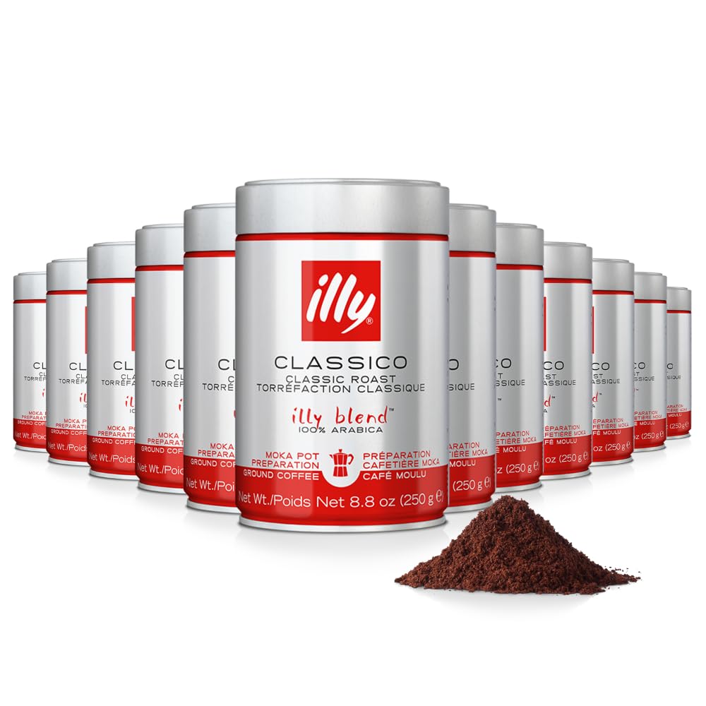 illy Ground Coffee Moka - 100% Arabica Beans - Rich Aromatic – Classico Medium Roast - Notes of Caramel, Orange Blossom & Jasmine - No Preservatives – 8.8 Ounce, 12 Pack