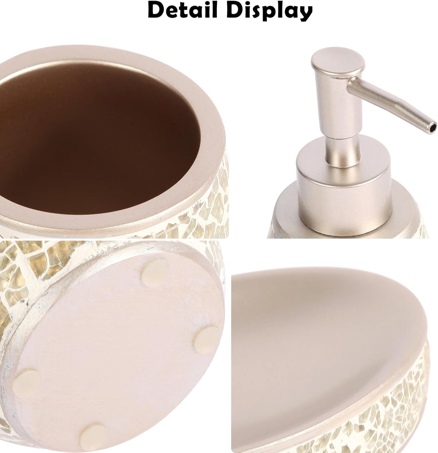 Exquisite Gold Glass Sequins Resin Bathroom Accessory Set,4 Pcs - Soap Dish,Lotion Dispenser,Toothbrush Cup,Toilet Brush & Holder,Modern Luxury Bathroom Set