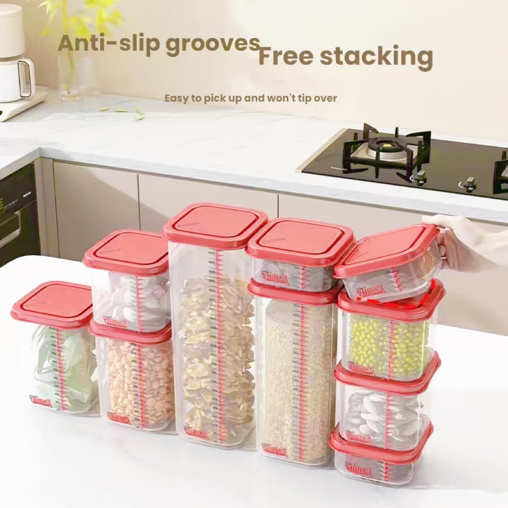 8300ml Airtight Food Storage Container With Lids 9PCS Family Set, BPA-Free Food-grade Plastic Stackable Leak-proof Kitchen Pantry Organizers for Pasta, Nuts, Dry Goods, Snack,Modular Design (Red)