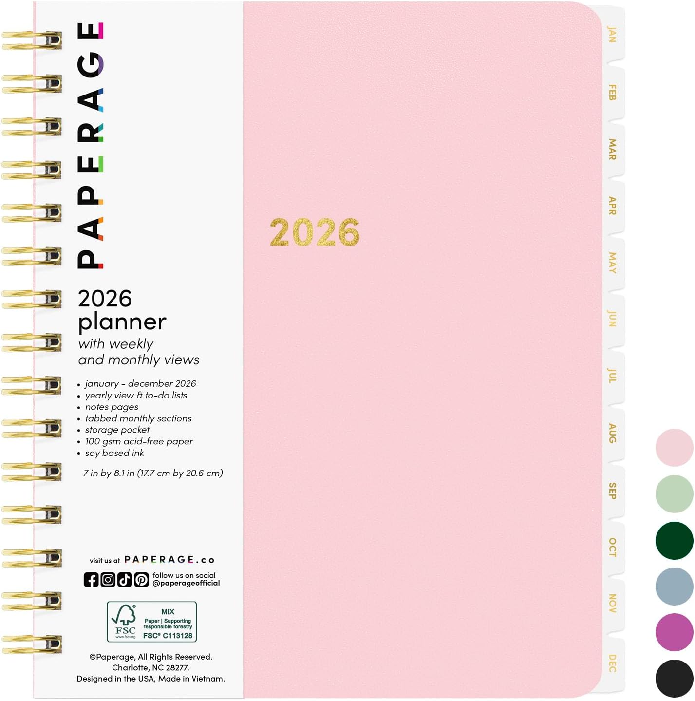 PAPERAGE 2026 Weekly & Monthly Planner, 12 Months (January 2026 - December 2026), 6.6 in x 8.1 in, Spiral Bound 2026 Planner with Weekly, Monthly & Yearly Views, Note Pages & Inner Pocket – Blush