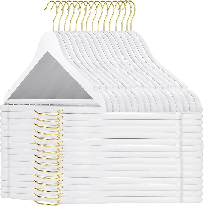 TOPIA HANGER Wooden Hangers 30 Pack, White Wood Coat Hanger with 360° Swivel Gold Hook, Non Slip Pants Bar and Shoulder Notches for Camisole, Jacket, Pants, Smooth Finish Clothes Hangers -CT34WG30