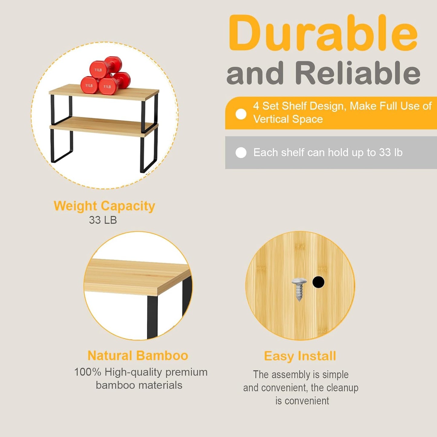 Cabinet Shelf Organizers, 15.7 inches Large Kitchen Counter Shelf, Set of 4 Wood Kitchen Pantry Organizer, Storage Shelves for Countertop, Spice Rack, Stackable, Expandable, Metal Black, Nature