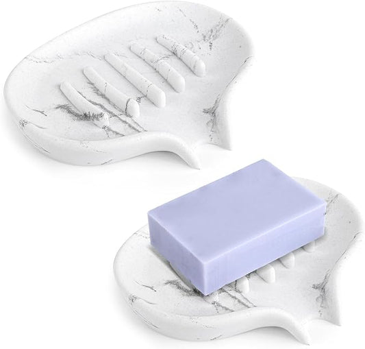 2 Pcs Soap Dish with Drain- Self Draining Bar Soap Holder for Shower, Marble Look Soap Savers Soap Tray Sponge Holder for Kitchen, Bathroom, Bathtub Sink, White