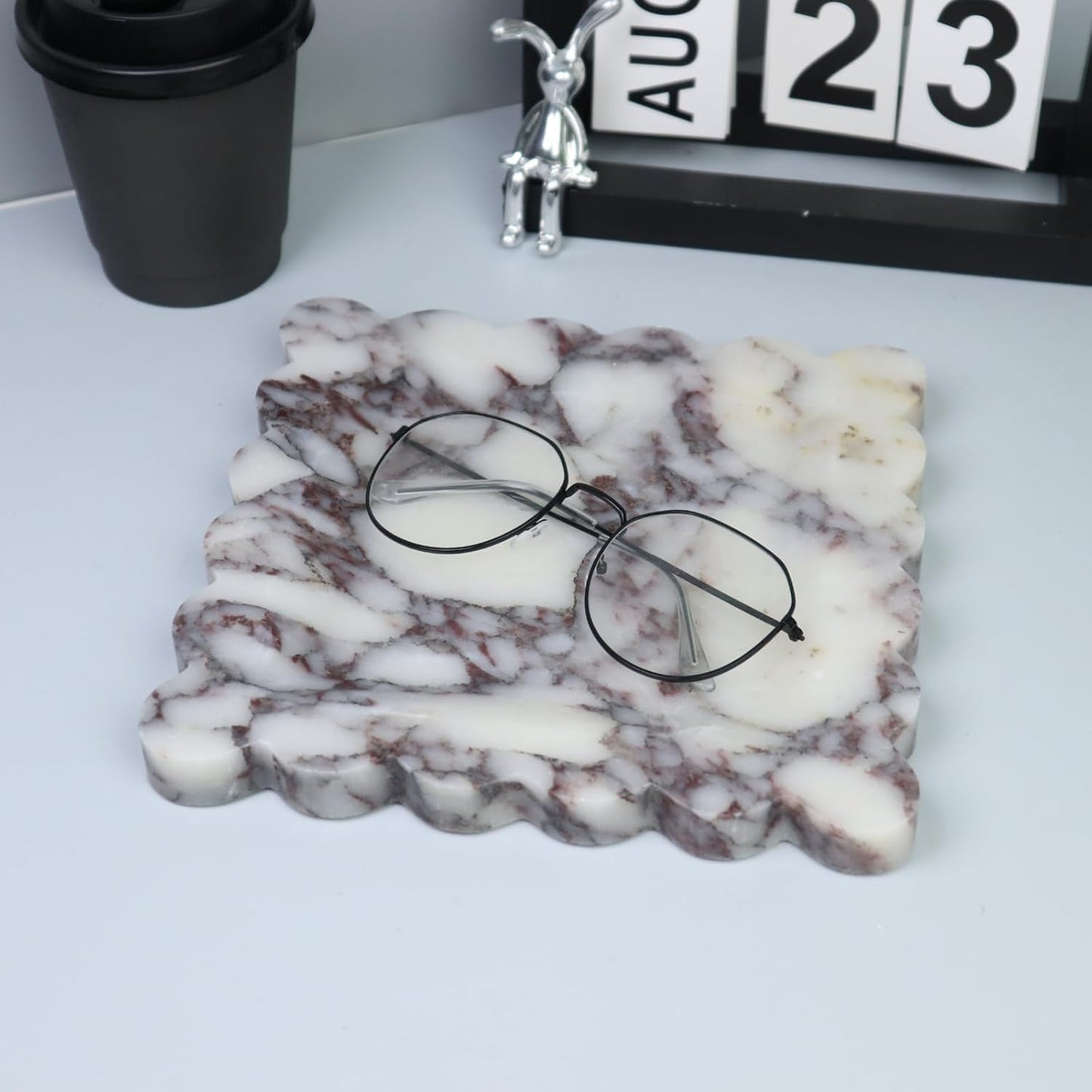 Square Marble Decorative Tray with Scalloped Edge, Luxury Natural Stone Bathroom Vanity Tray, Dresser Top Perfume Coffee Home Kitchen Sink Tray, Key Trinket Ring