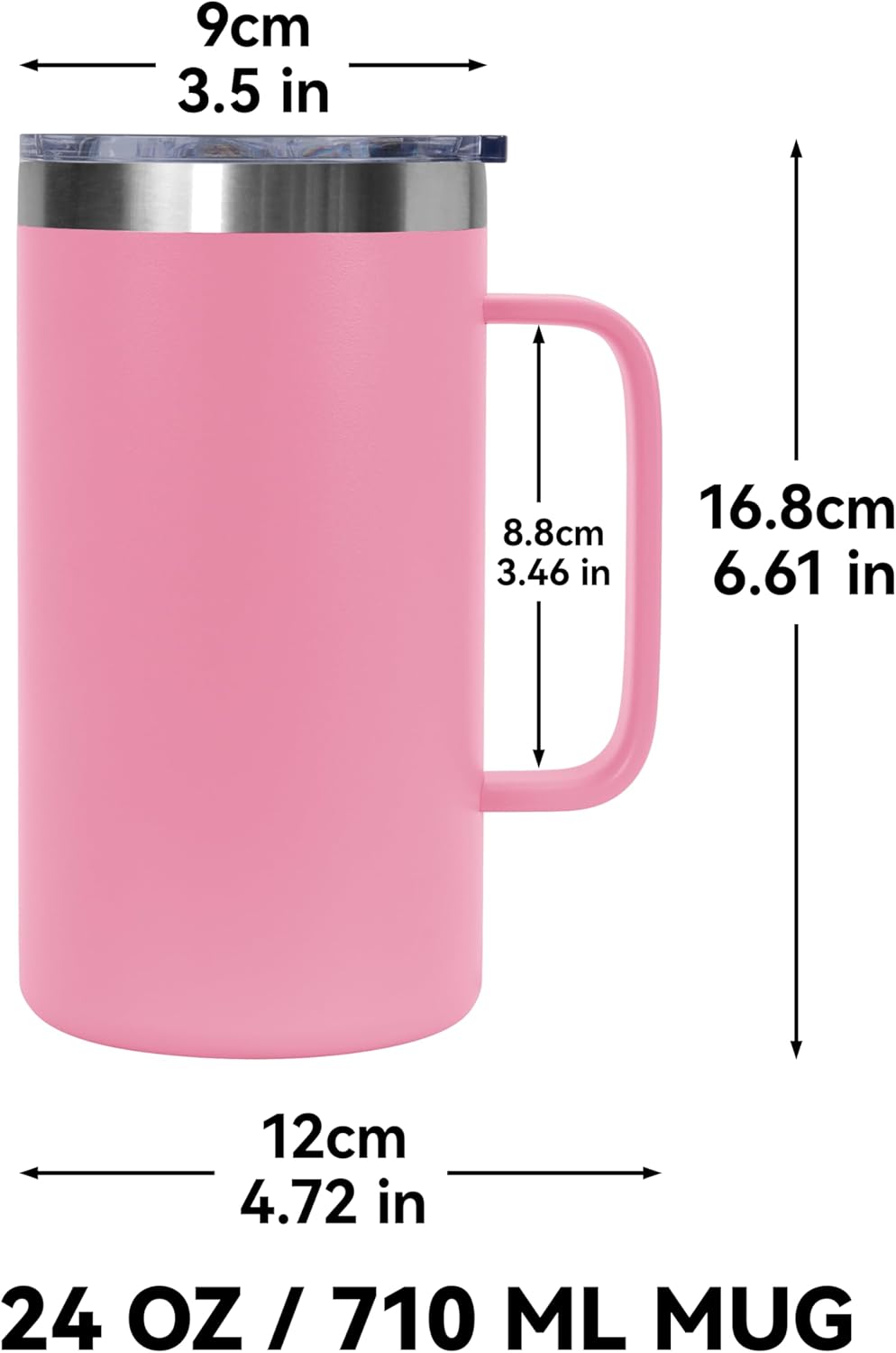 DOMICARE 24oz Mug with Handle and Lid, Stainless Steel Coffee Mug, Reusable Insulated Cup, Travel Mug with Handle, Double Wall Vacuum Coffee Tumbler for Men and Women, Pink, Pack 1
