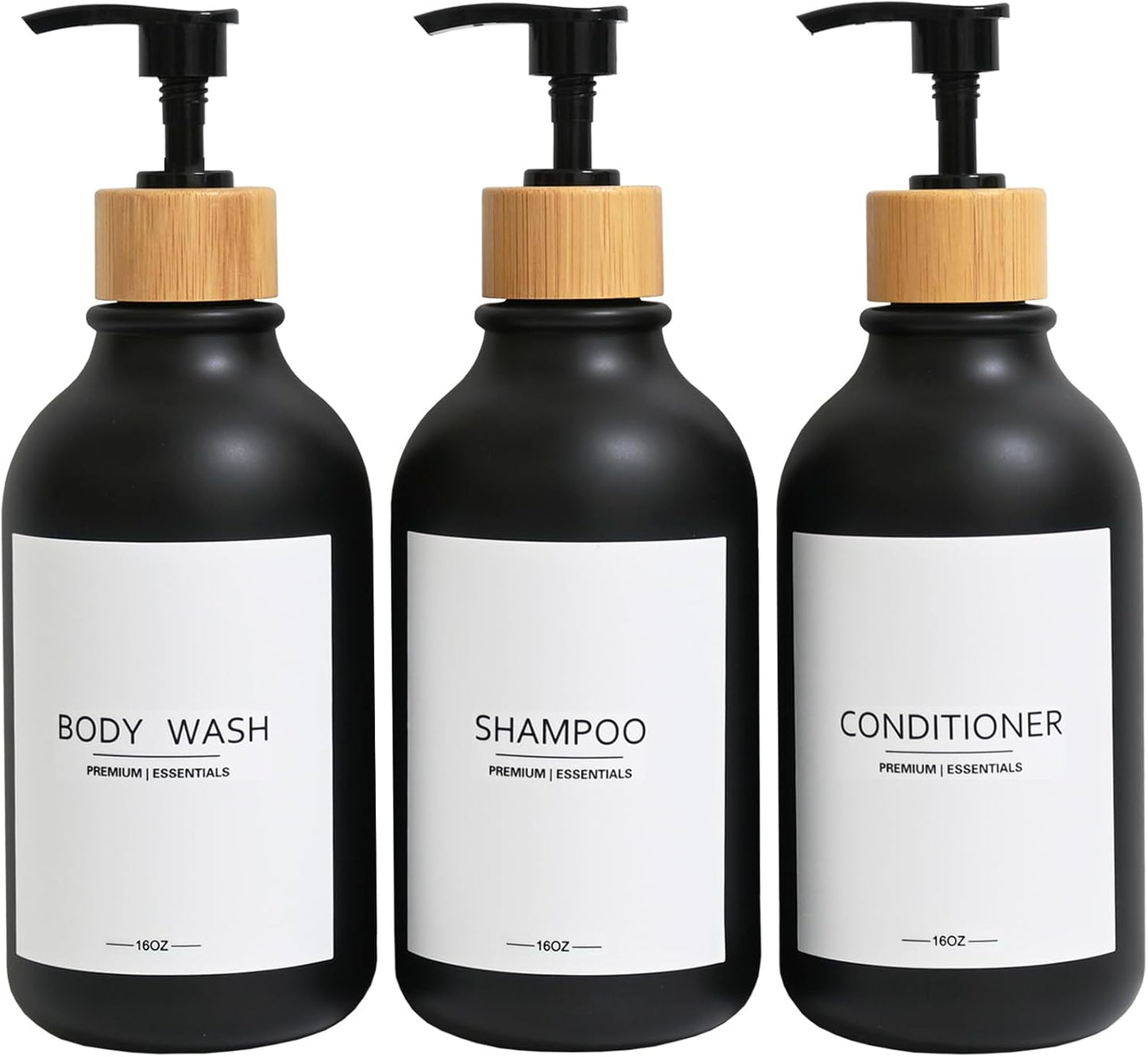 Frosted Plastic Shampoo and Conditioner Bottles, Apothecary Dispenser Bamboo Pump, Refillable Bottles for Shower Lotion, Oil, Hand Soap, Sanitizer, Liquid Soap, Set of 3 with 9 Labels (3, Matte Black)