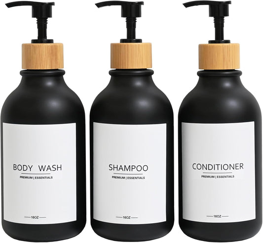 Frosted Plastic Shampoo and Conditioner Bottles, Apothecary Dispenser Bamboo Pump, Refillable Bottles for Shower Lotion, Oil, Hand Soap, Sanitizer, Liquid Soap, Set of 3 with 9 Labels (3, Matte Black)