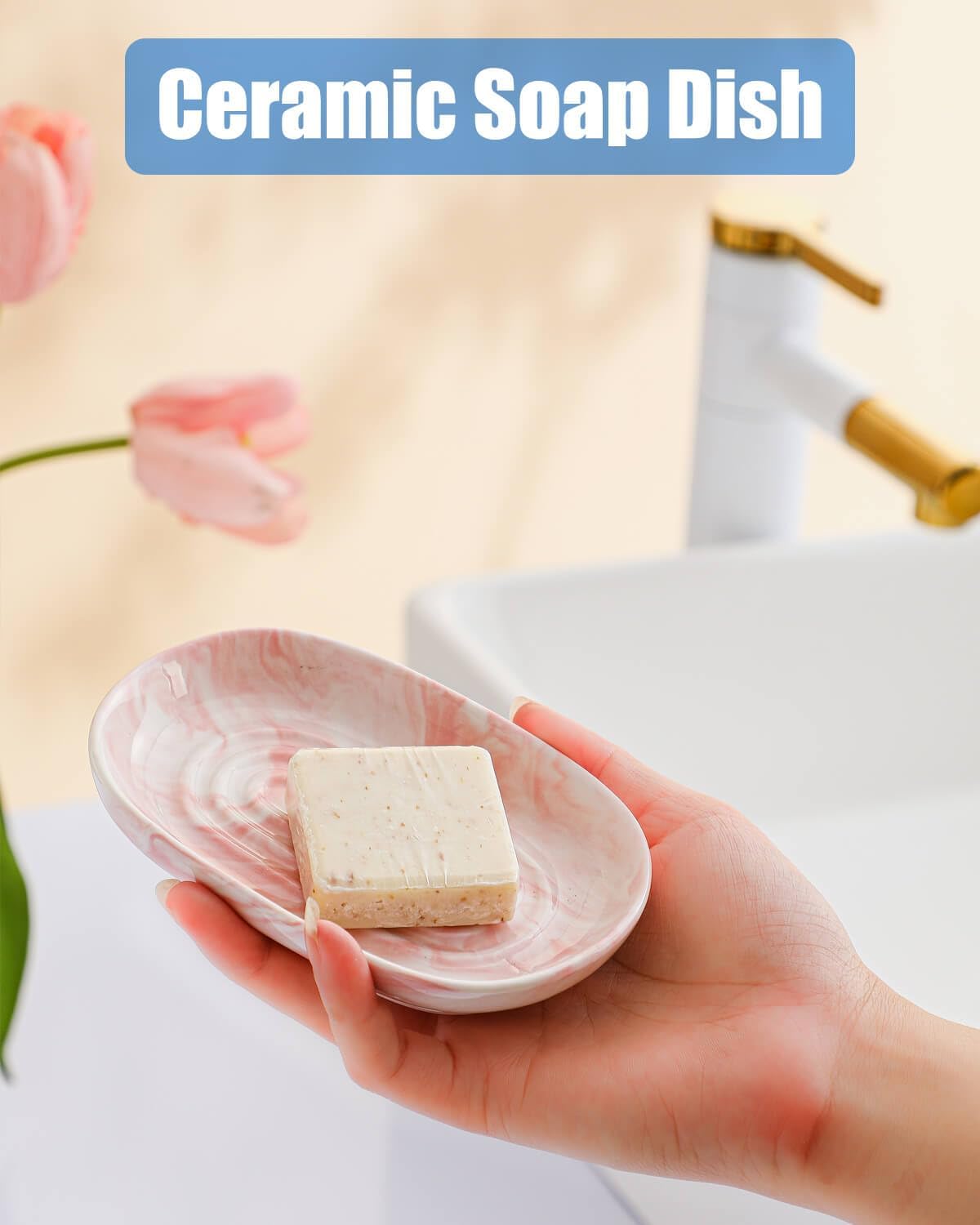 Handcrafted Fancy Ceramic Soap Dish, Decorative Soap Holder with Unique Marble Textures, Multi-Purpose Soap Bar Holder for Bathroom & Kitchen, Non-Slip & Waterproof (Pink Texture)