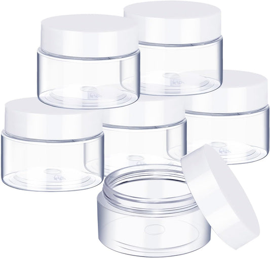 6 Pack 2 oz Plastic Pot Jars Round Clear Leak Proof Plastic Cosmetic Container Jars with White Lids for Travel Storage Make Up, Eye Shadow, Nails, Powder, Paint, Jewelry(2 oz)