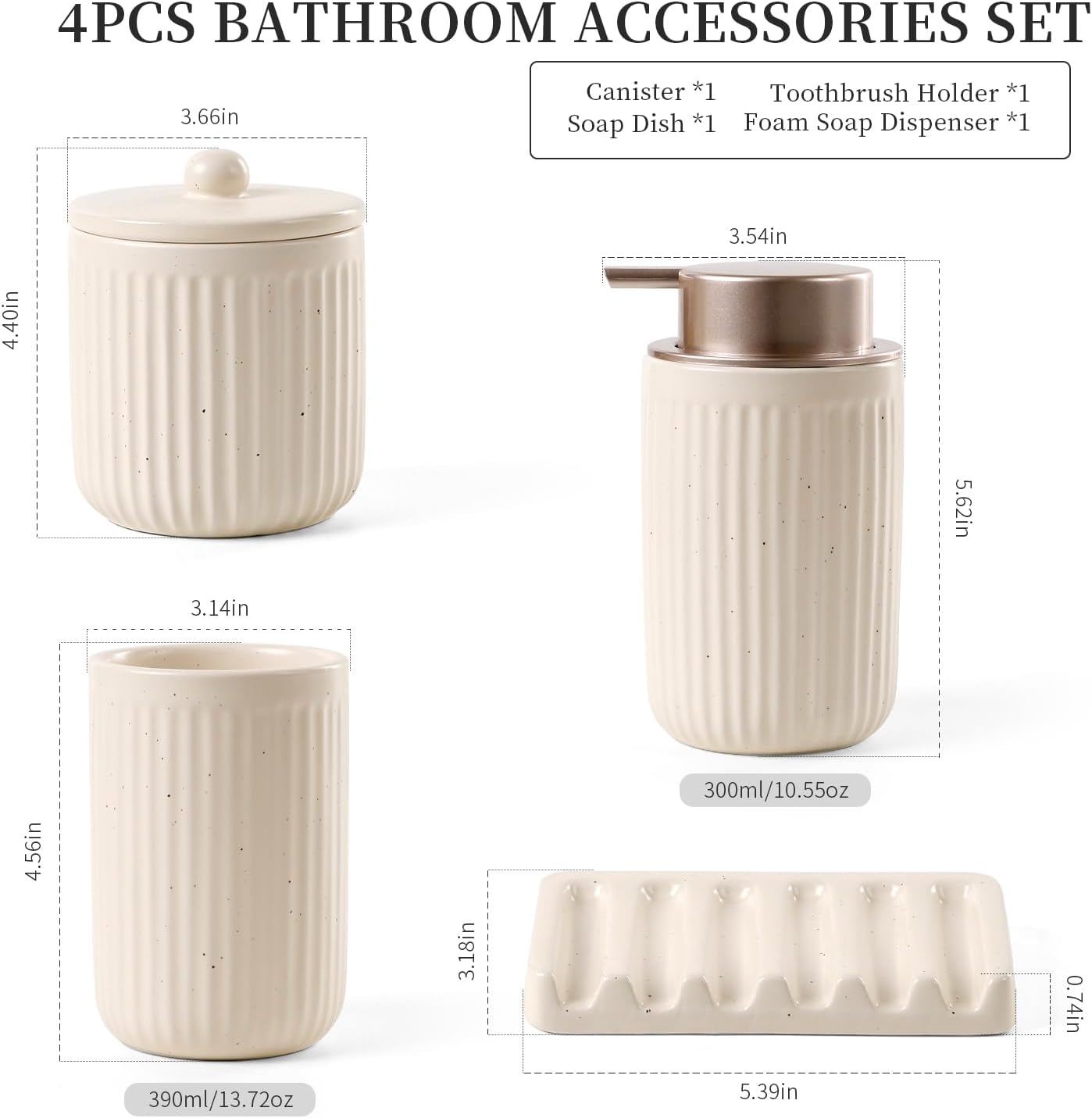 BosilunLife Bathroom Accessories Set - Ceramic Bathroom Set Bathroom Decor Sets Bathroom Counter Foam Soap Dispenser and Toothbrush Holder Set, Soap Dish, Apothecary Jar (Striped Apricot)
