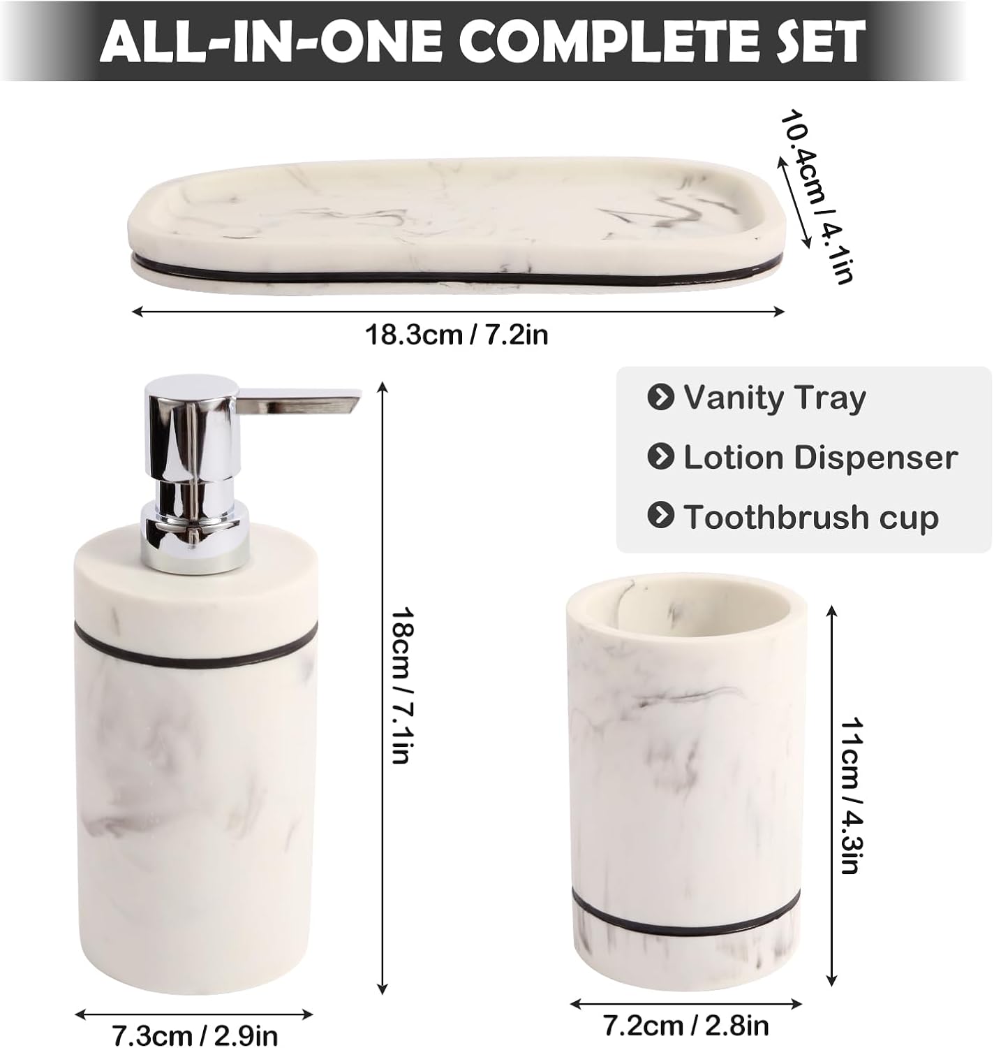 Marble Pattern Bathroom Accessory Set,3 Pieces Resin Bathroom Accessories Set - Lotion Dispenser,Toothbrush Cup,Vanity Tray(Marble White)